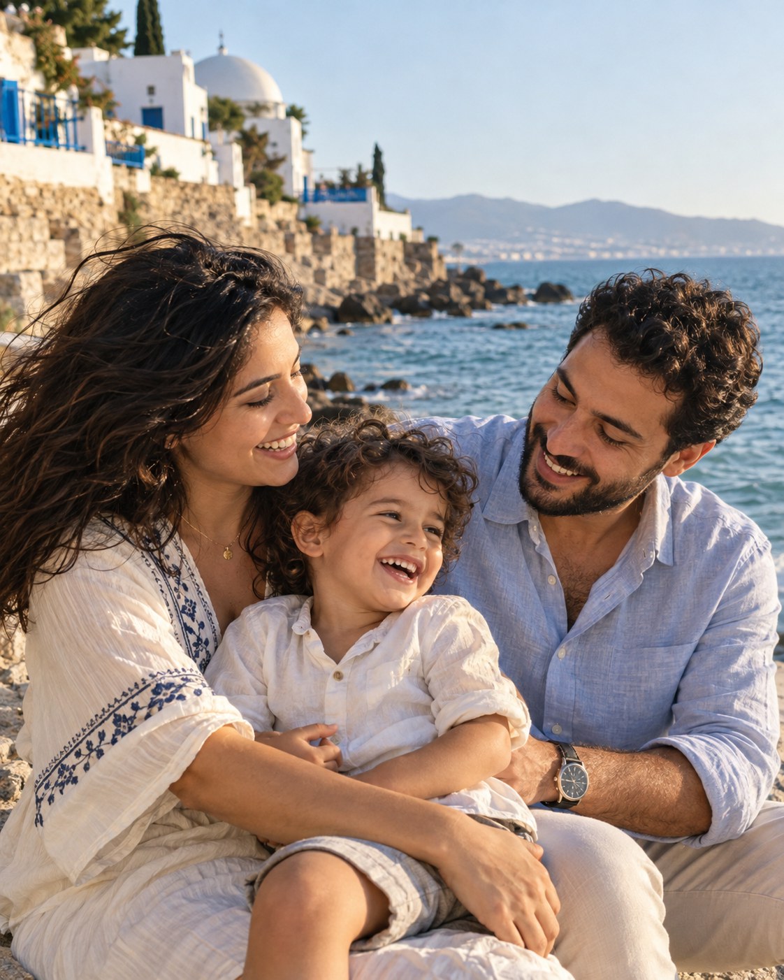 Photo souvenir d'une famille au bord de la mer